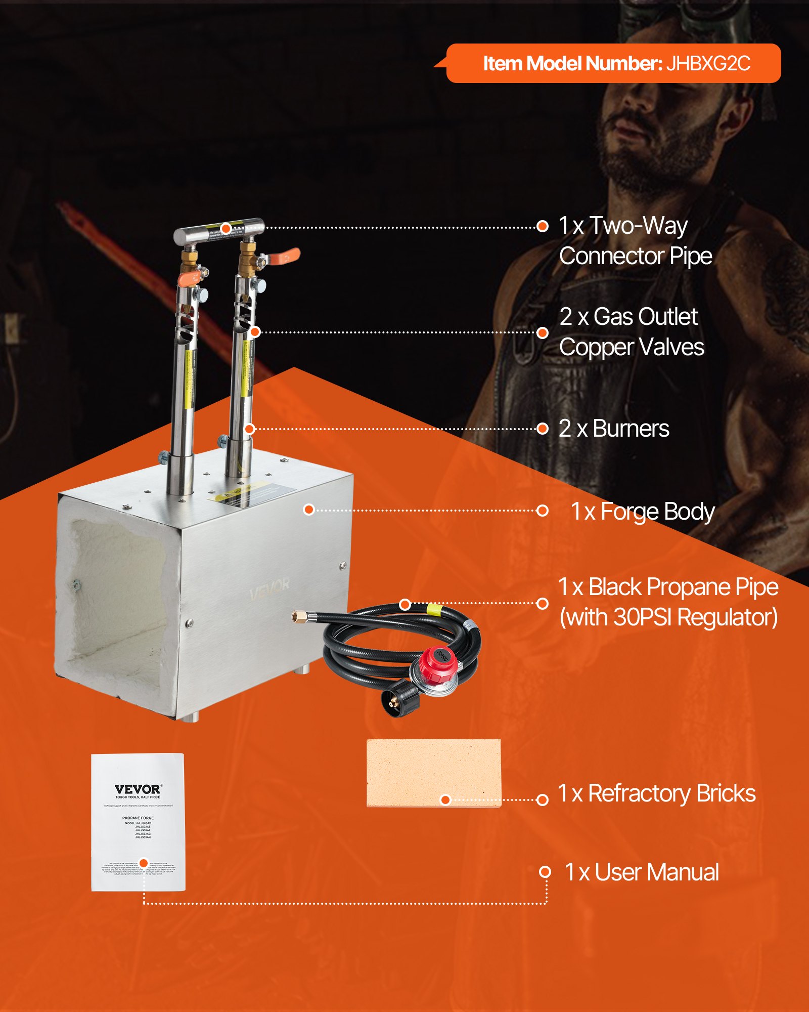VEVOR Portable Propane Forge, 2 Burners, 2600℉ Tool and Knife Making Blacksmithing Farrier Forge, Large Capacity Square Shape, Stainless Steel Gas Forging Tools and Equipment, Use for Metal Forging