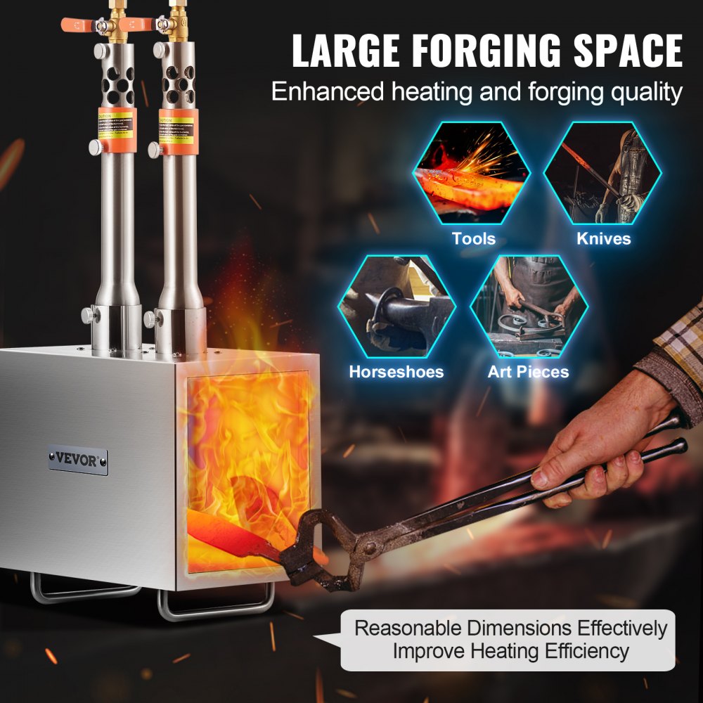 VEVOR Portable Propane Forge, 2 Burner Farrier Forge, 2600℉ Tool and Knife Making Blacksmithing Gas Forge, Large Capacity Square Stainless Steel Gas Forging Tools and Equipment for Metal Forging