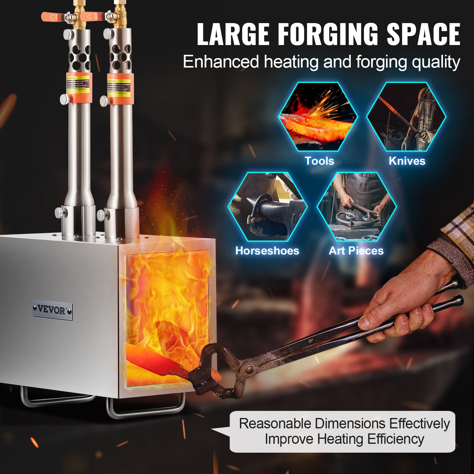 VEVOR Portable Propane Forge, 2 Burner Farrier Forge, 2600℉ Tool and Knife Making Blacksmithing Gas Forge, Large Capacity Square Stainless Steel Gas Forging Tools and Equipment for Metal Forging
