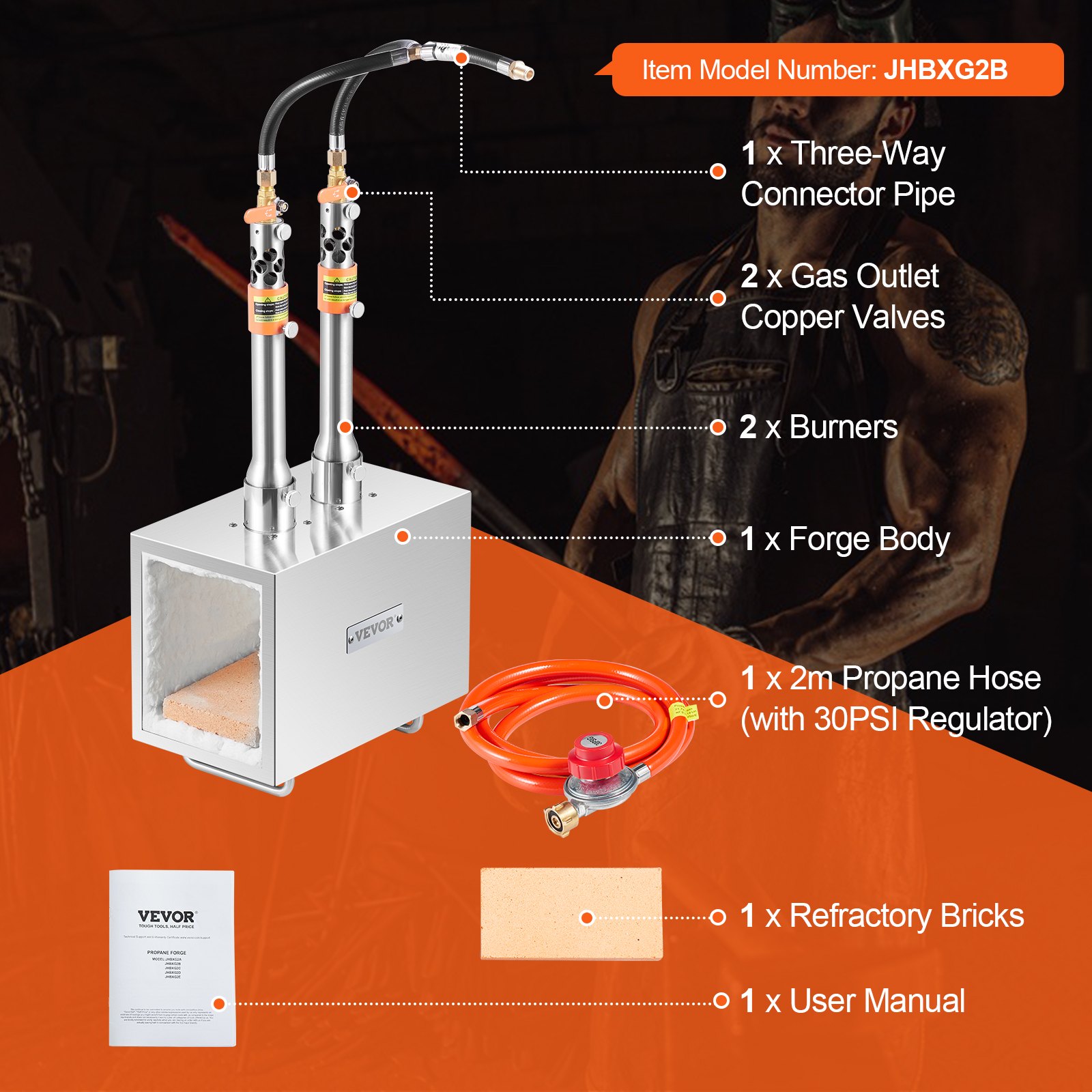 VEVOR Portable Propane Forge, 2 Burner Farrier Forge, 2600℉ Tool and Knife Making Blacksmithing Gas Forge, Large Capacity Square Stainless Steel Gas Forging Tools and Equipment for Metal Forging