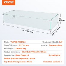 VEVOR Fire Pit Wind Guard, 38 x 10.5 x 6 Inch Glass Wind Guard, Rectangular Glass Shield, 0.3" Thick Fire Table, Clear Tempered Glass Flame Guard, Steady Feet Tree Pit Guard for Propane, Gas, Outdoor