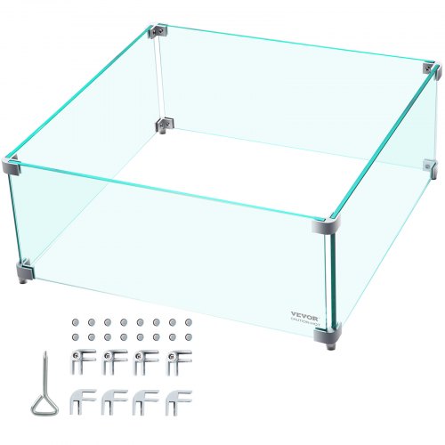 VEVOR Fire Pit Wind Guard, 14 x 14 x 6 Inch Glass Wind Guard, Rectangular Glass Shield, 0.3" Thick Fire Table, Clear Tempered Glass Flame Guard, Steady Feet Tree Pit Guard for Propane, Gas, Outdoor