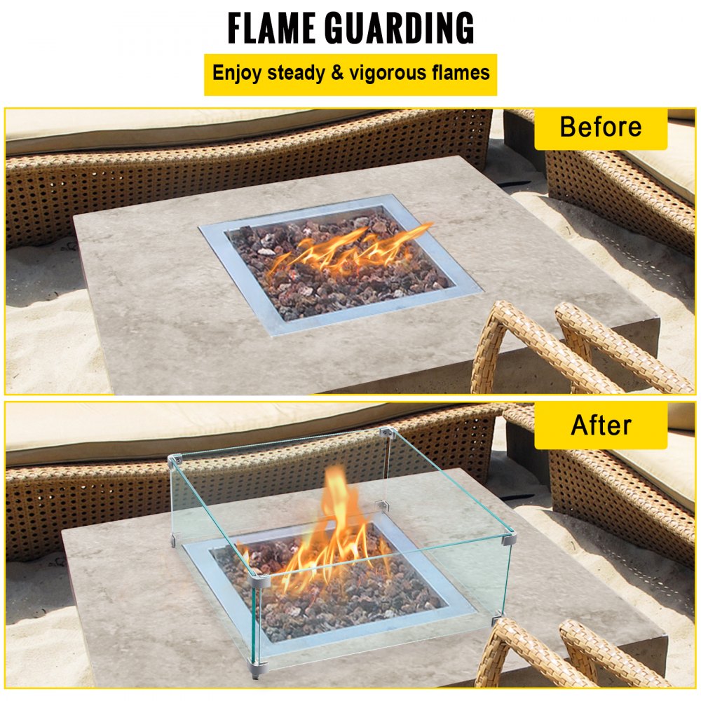 VEVOR Fire Pit Wind Guard, 14 x 14 x 6 Inch Glass Wind Guard, Rectangular Glass Shield, 0.3\" Thick Fire Table, Clear Tempered Glass Flame Guard, Steady Feet Tree Pit Guard for Propane, Gas, Outdoor