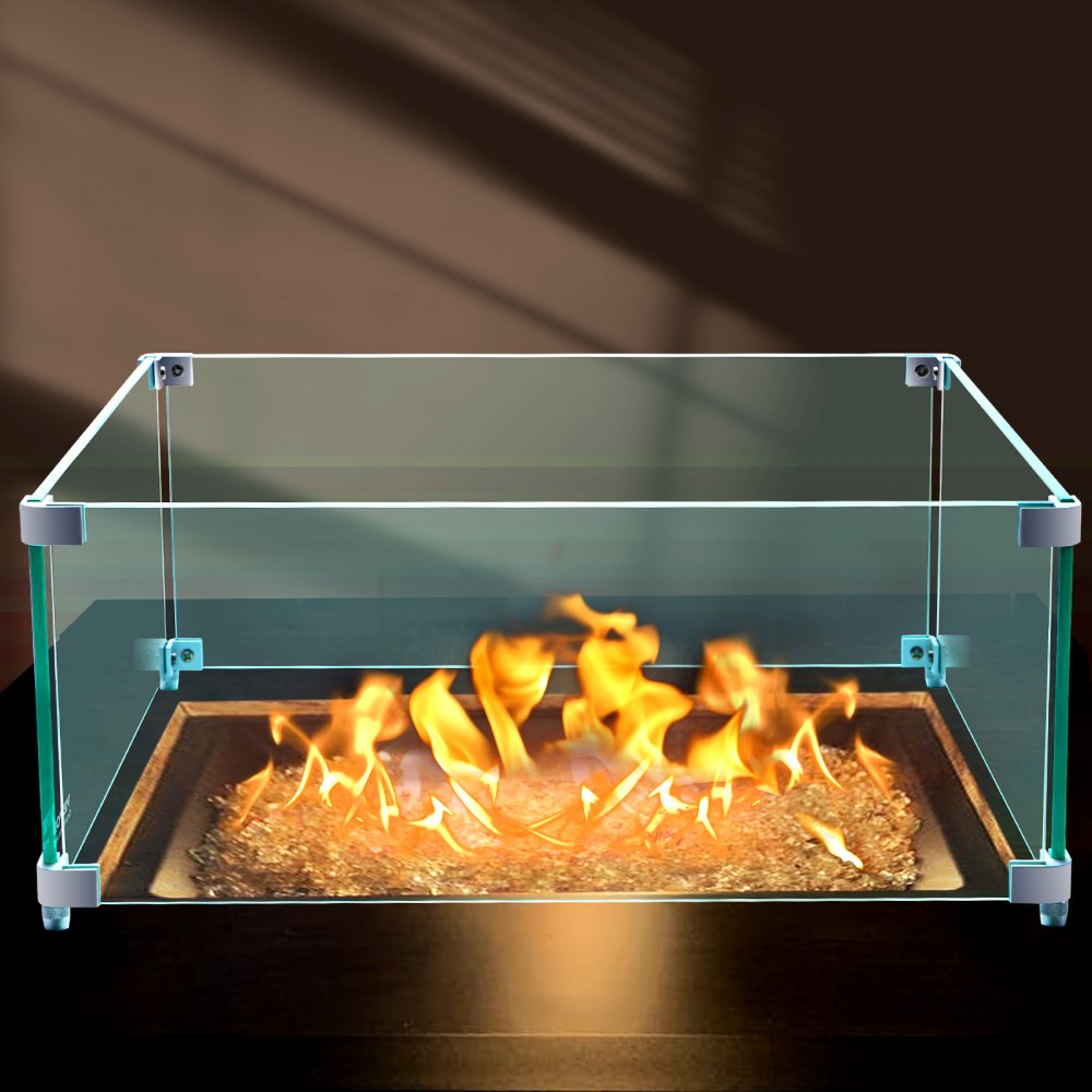 VEVOR Fire Pit Wind Guard, 14 x 14 x 6 Inch Glass Wind Guard, Rectangular Glass Shield, 0.3\" Thick Fire Table, Clear Tempered Glass Flame Guard, Steady Feet Tree Pit Guard for Propane, Gas, Outdoor