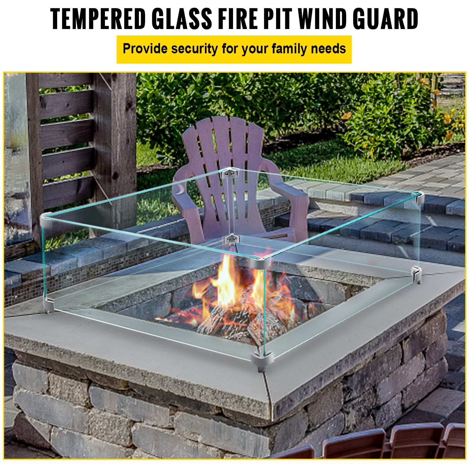 VEVOR Fire Pit Wind Guard, 14 x 14 x 6 Inch Glass Wind Guard, Rectangular Glass Shield, 0.3\" Thick Fire Table, Clear Tempered Glass Flame Guard, Steady Feet Tree Pit Guard for Propane, Gas, Outdoor