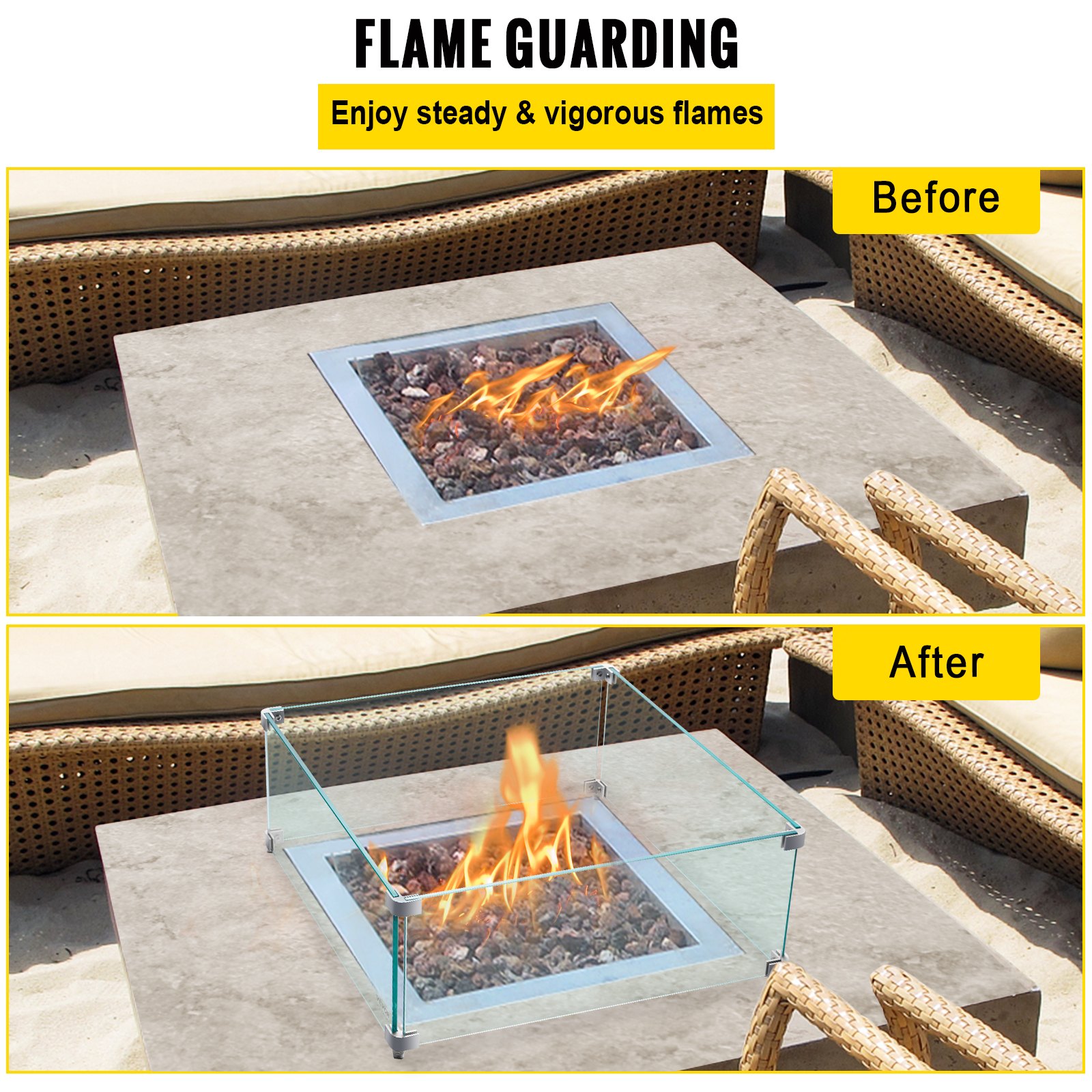 VEVOR Fire Pit Wind Guard, 14 x 14 x 6 Inch Glass Wind Guard, Rectangular Glass Shield, 0.3\" Thick Fire Table, Clear Tempered Glass Flame Guard, Steady Feet Tree Pit Guard for Propane, Gas, Outdoor