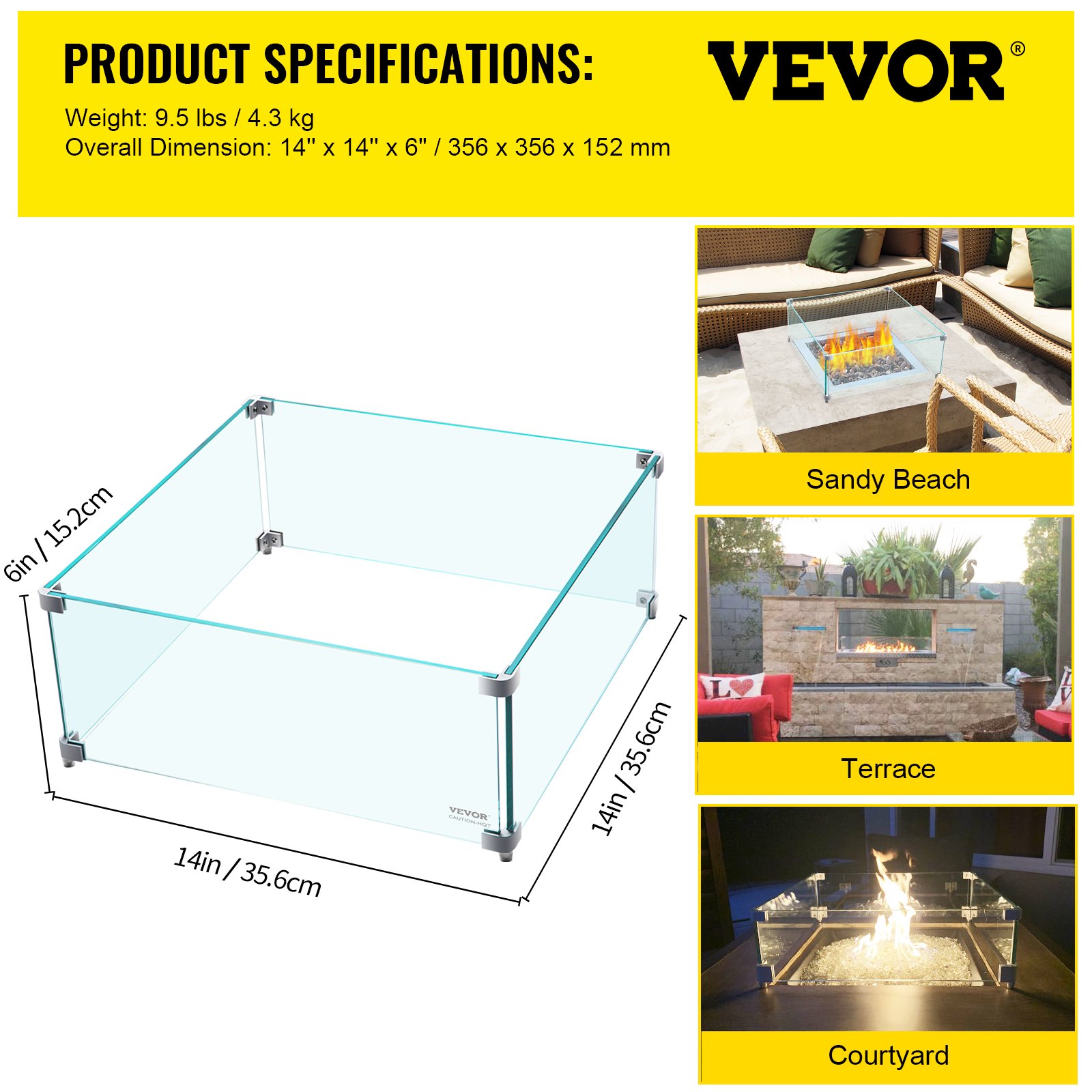 VEVOR Fire Pit Wind Guard, 14 x 14 x 6 Inch Glass Wind Guard, Rectangular Glass Shield, 0.3\" Thick Fire Table, Clear Tempered Glass Flame Guard, Steady Feet Tree Pit Guard for Propane, Gas, Outdoor