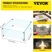 VEVOR Fire Pit Wind Guard, 22 x 22 x 9 inch Glass Flame Guard, Oblong Glass Shield, 0.3" Thick Fire Table, Clear Tempered Glass Flame Guard, Steady Feet Tree Pit Guard for Propane, Gas, Outdoor