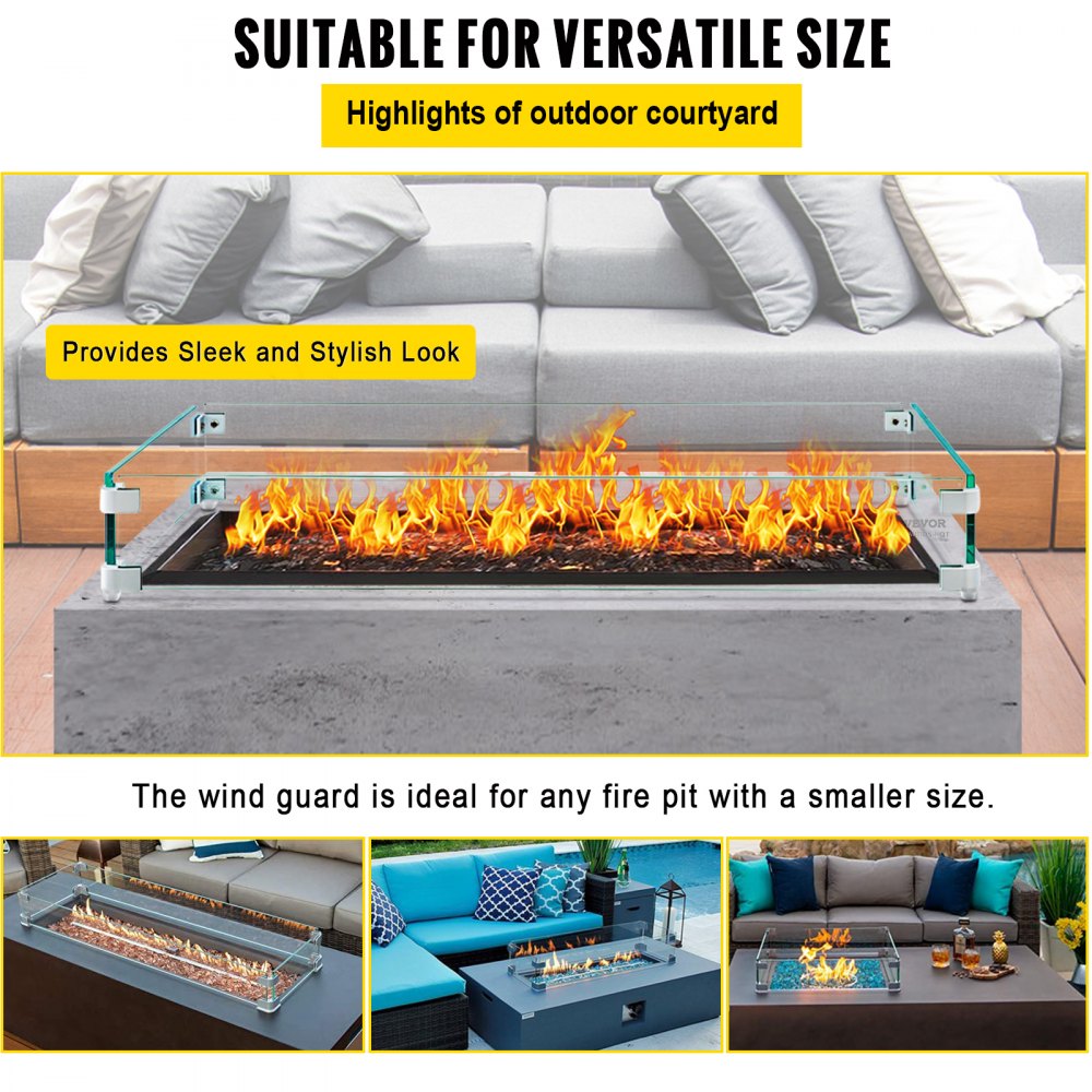 VEVOR Fire Pit Wind Guard, 29 x 13 x 6 Inch Glass Wind Guard, Rectangular Glass Shield, 0.3" Thick Fire Table, Clear Tempered Glass Flame Guard, Steady Feet Tree Pit Guard for Propane, Gas, Outdoor