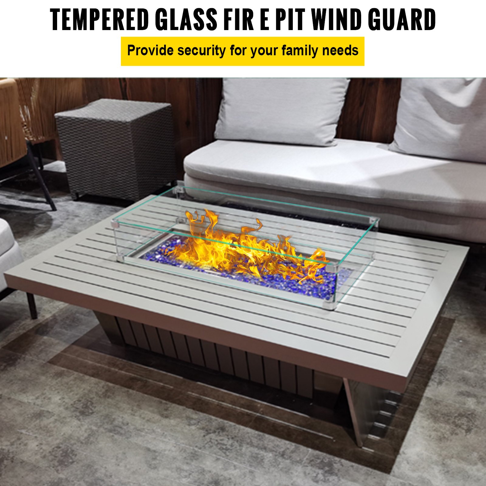 VEVOR Fire Pit Wind Guard, 29 x 13 x 6 Inch Glass Wind Guard, Rectangular Glass Shield, 0.3" Thick Fire Table, Clear Tempered Glass Flame Guard, Steady Feet Tree Pit Guard for Propane, Gas, Outdoor