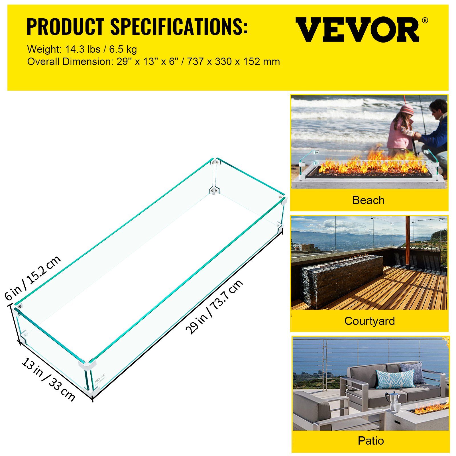 VEVOR Fire Pit Wind Guard, 29 x 13 x 6 Inch Glass Wind Guard, Rectangular Glass Shield, 0.3" Thick Fire Table, Clear Tempered Glass Flame Guard, Steady Feet Tree Pit Guard for Propane, Gas, Outdoor