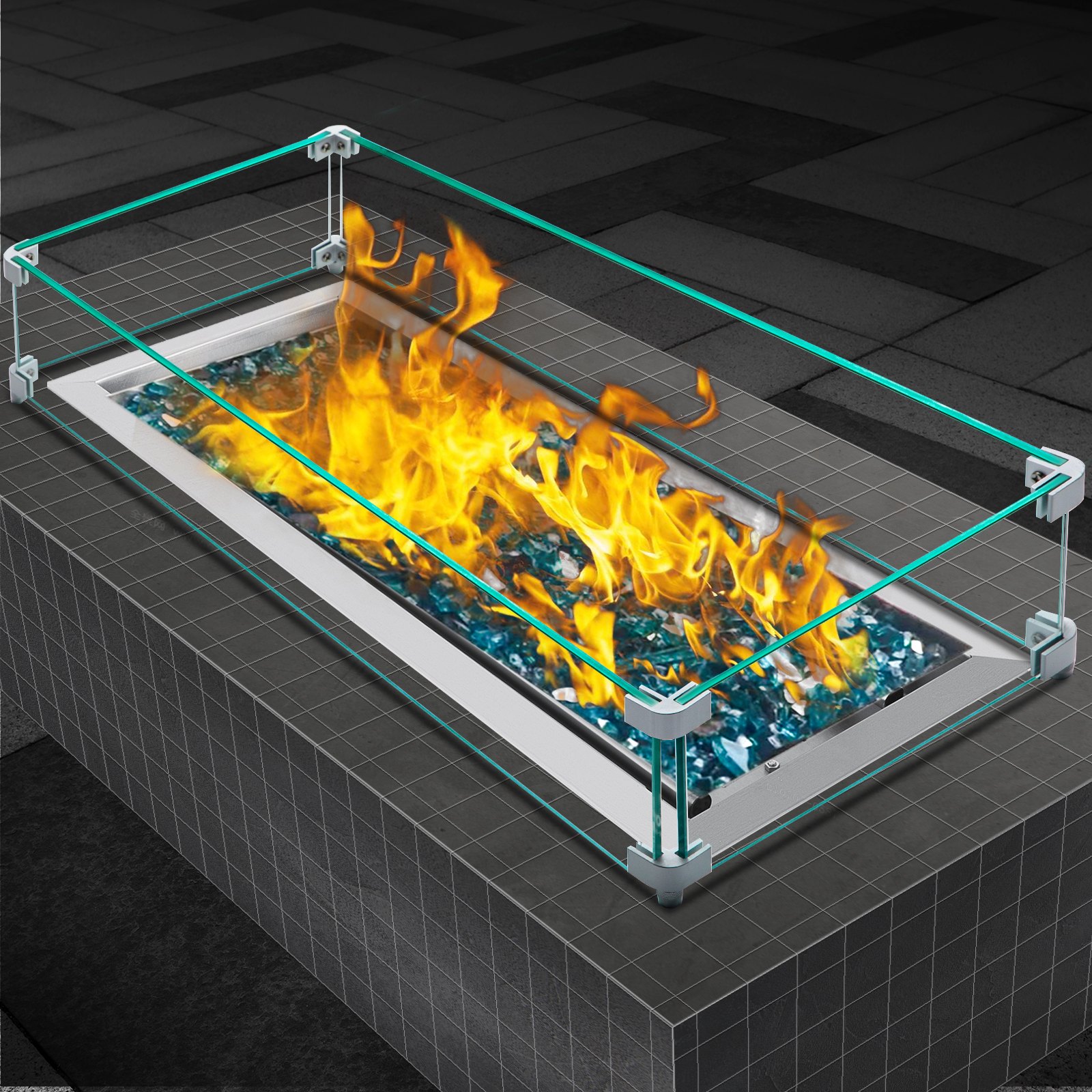 VEVOR Fire Pit Wind Guard, 29 x 13 x 6 Inch Glass Wind Guard, Rectangular Glass Shield, 0.3" Thick Fire Table, Clear Tempered Glass Flame Guard, Steady Feet Tree Pit Guard for Propane, Gas, Outdoor