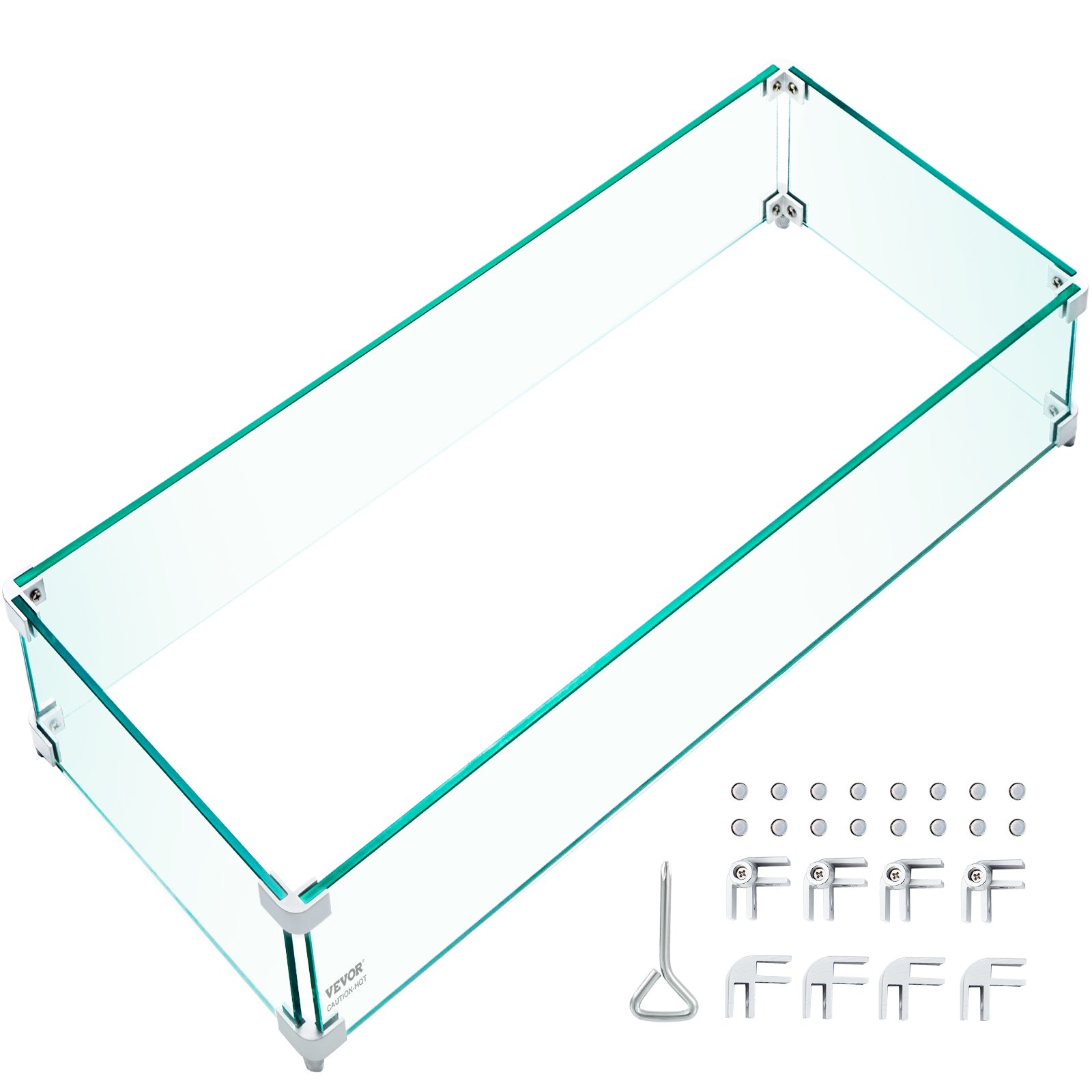 VEVOR Fire Pit Wind Guard, 29 x 13 x 6 Inch Glass Wind Guard, Rectangular Glass Shield, 0.3" Thick Fire Table, Clear Tempered Glass Flame Guard, Steady Feet Tree Pit Guard for Propane, Gas, Outdoor