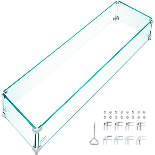 VEVOR Fire Pit Wind Guard, 43 x 13 x 7 Inch Glass Wind Guard, Rectangular Glass Shield, 0.3" Thick Fire Table, Clear Tempered Glass Flame Guard, Steady Feet Tree Pit Guard for Propane, Gas, Outdoor