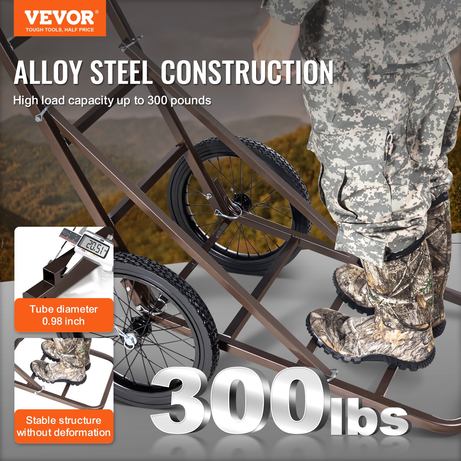 VEVOR Deer Cart, 300 LBS Capacity Folding Game Cart, Deer Cart Game Hauler with Big Rubber Wheels & Ergonomic Handle, Heavy-Duty Game Cart Accessories, Utility Gear Dolly for Hunting Fishing Hiking