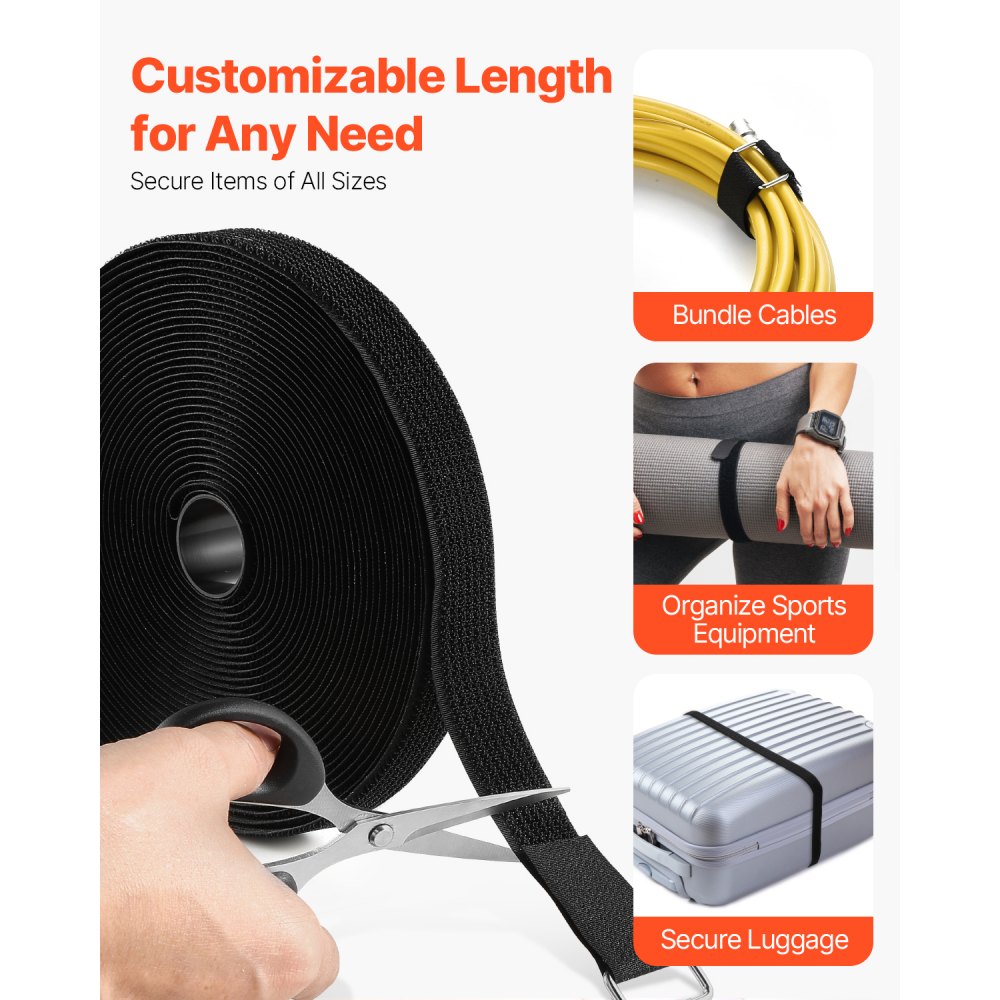 VEVOR Cable Ties, 393.7-Inch Adjustable Hook and Loop Straps with 50 Metal Buckles, Reusable Velcro Cords Straps, Cut-to-Length Wire Strap, Heavy-Duty Nylon Cord Ties for Organizer and Management