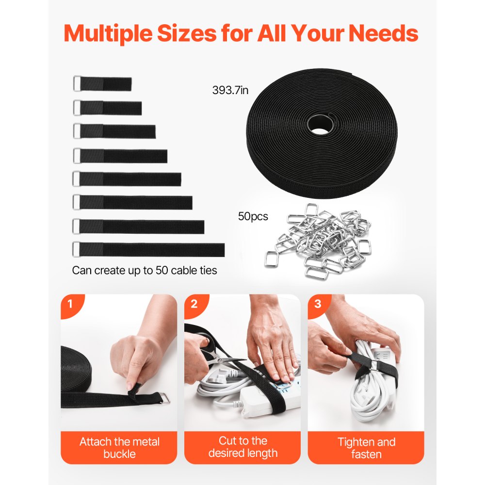 VEVOR Cable Ties, 393.7-Inch Adjustable Hook and Loop Straps with 50 Metal Buckles, Reusable Velcro Cords Straps, Cut-to-Length Wire Strap, Heavy-Duty Nylon Cord Ties for Organizer and Management