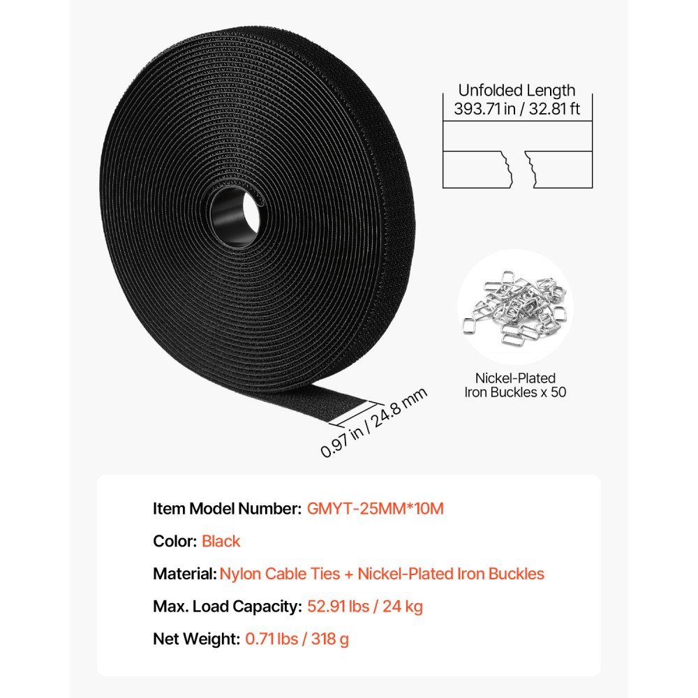 VEVOR Cable Ties, 393.7-Inch Adjustable Hook and Loop Straps with 50 Metal Buckles, Reusable Velcro Cords Straps, Cut-to-Length Wire Strap, Heavy-Duty Nylon Cord Ties for Organizer and Management