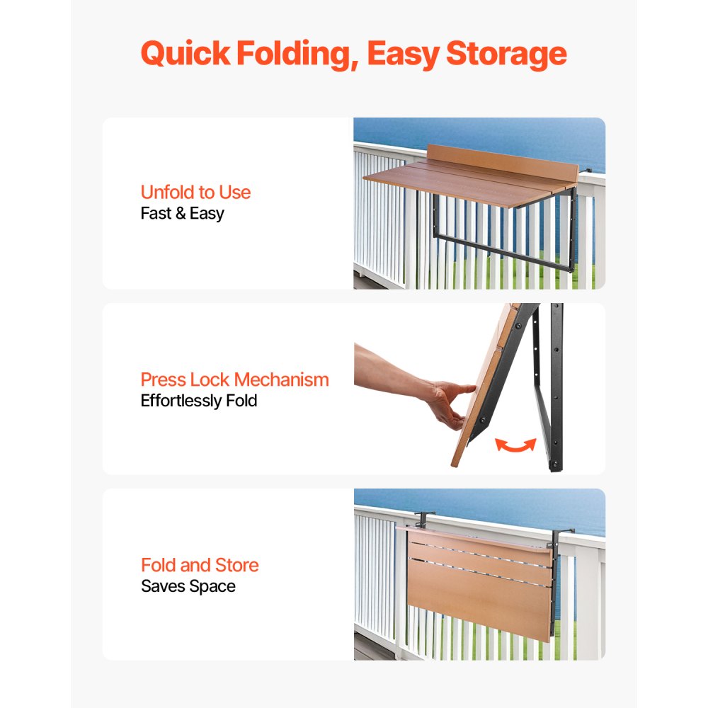 VEVOR Balcony Hanging Table, 15 x 39 in Folding Balcony Railing Table, Outdoor Balcony Bar Table for Railings, 5-Level Adjustable, Fit Railing from 1" to 3.7", Serving Table for Patio & Deck