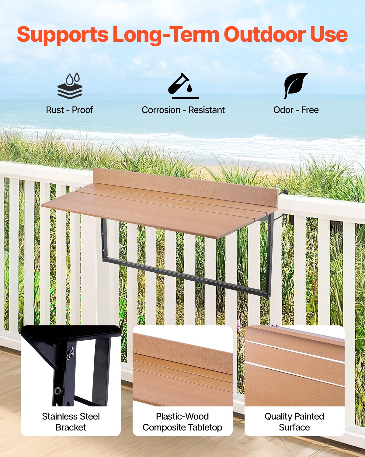 VEVOR Balcony Hanging Table, 15 x 39 in Folding Balcony Railing Table, Outdoor Balcony Bar Table for Railings, 5-Level Adjustable, Fit Railing from 1" to 3.7", Serving Table for Patio & Deck
