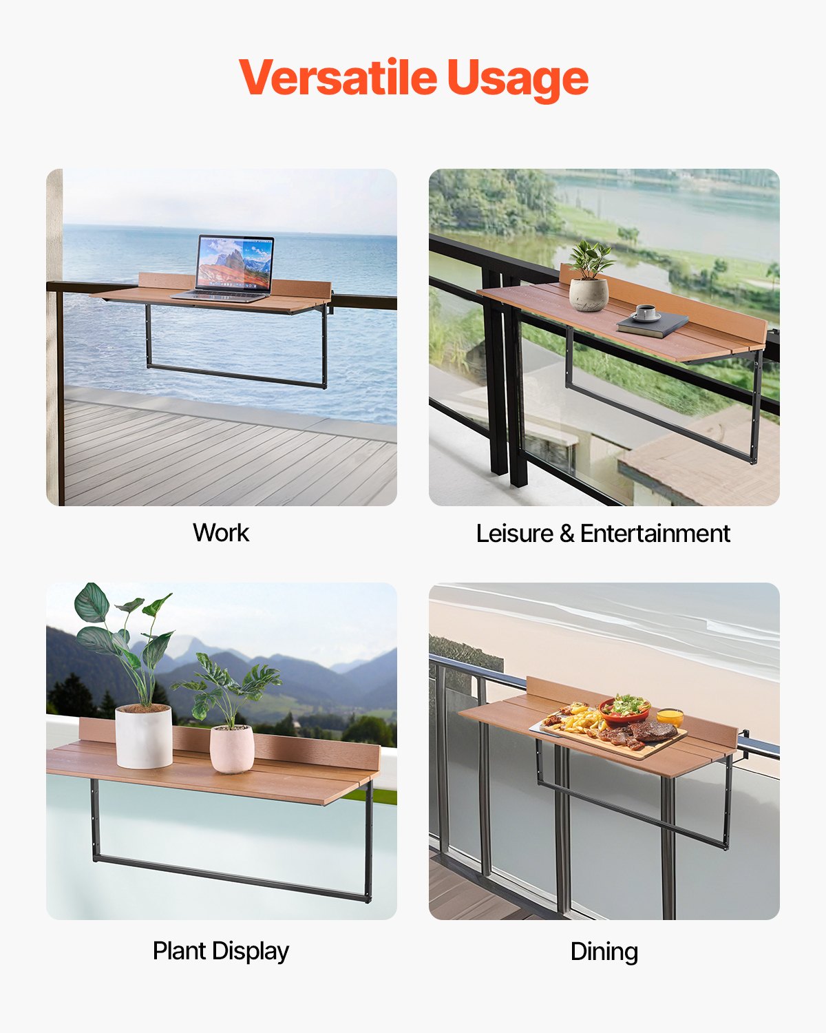 VEVOR Balcony Hanging Table, 15 x 39 in Folding Balcony Railing Table, Outdoor Balcony Bar Table for Railings, 5-Level Adjustable, Fit Railing from 1" to 3.7", Serving Table for Patio & Deck