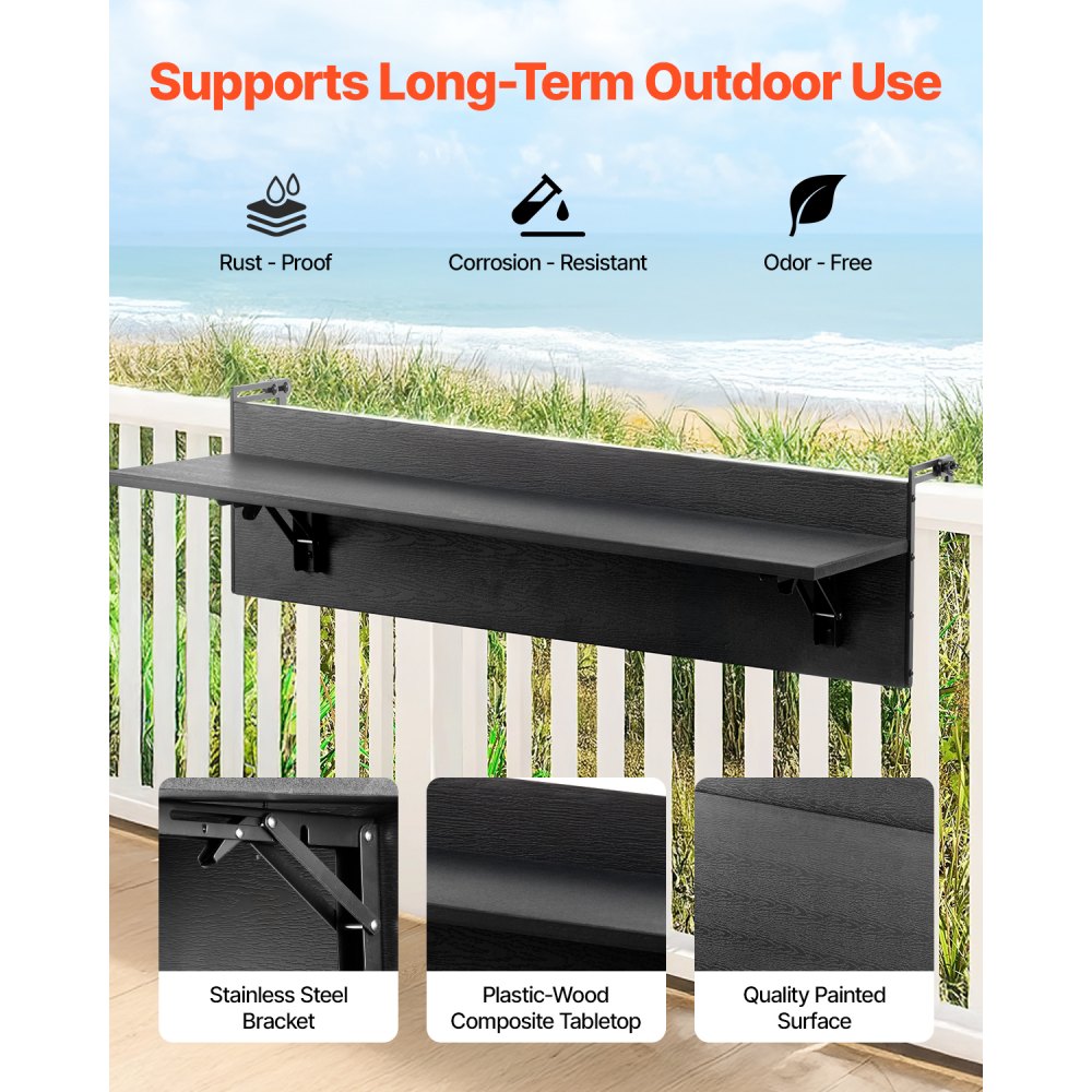 VEVOR Balcony Hanging Table, 12 x 32 in Folding Balcony Railing Table, Outdoor Balcony Bar Table for Railings, 50 lbs Loading, Fit Railing from 1" to 4.3", Serving Table for Patio & Deck