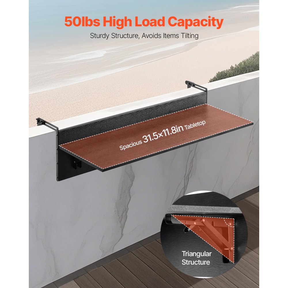 VEVOR Balcony Hanging Table, 12 x 32 in Folding Balcony Railing Table, Outdoor Balcony Bar Table for Railings, 50 lbs Loading, Fit Railing from 1" to 4.3", Serving Table for Patio & Deck