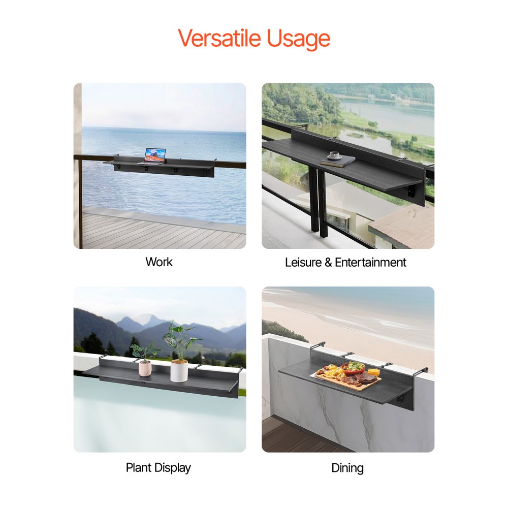 VEVOR Balcony Hanging Table, 1500 x 300 mm Folding Balcony Railing Table, Outdoor Balcony Bar Table for Railings, 50 lbs Loading, Fit Railing from 1" to 5.9", Serving Table for Patio & Deck