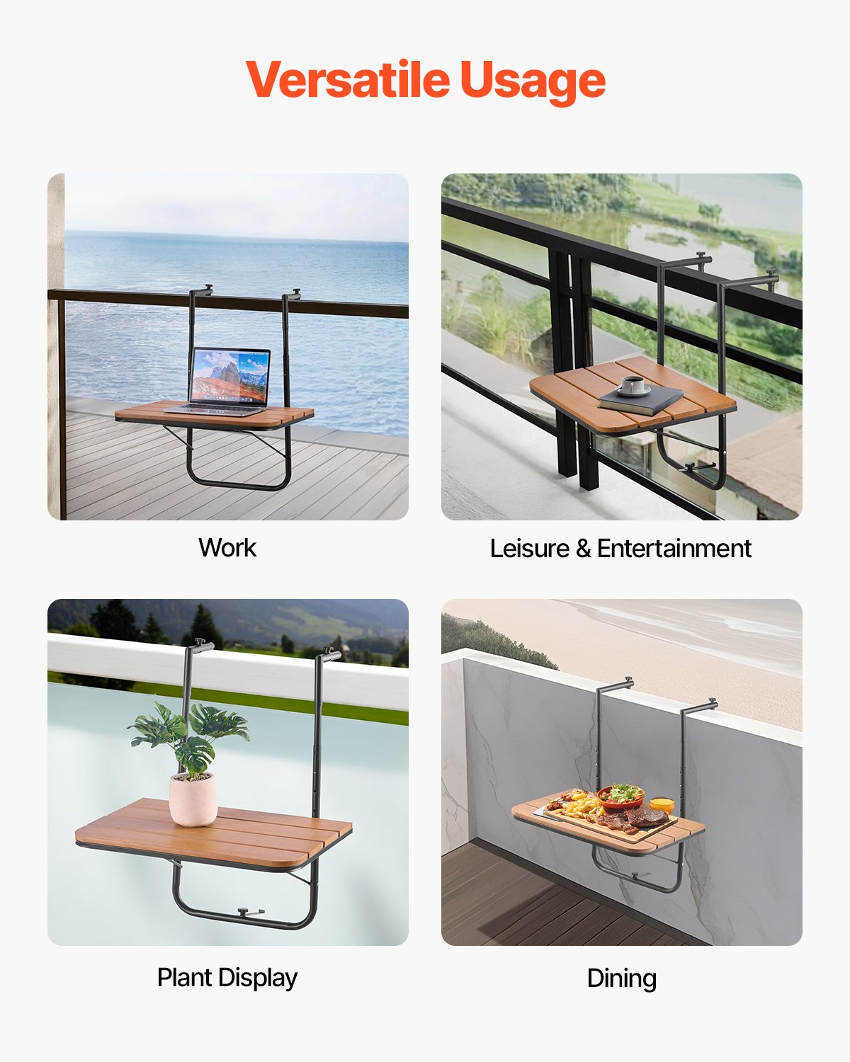 VEVOR Balcony Hanging Table, 595 x 400 mm Folding Balcony Railing Table, Outdoor Balcony Bar Table for Railings, 4-Level Adjustable, Fit Railing from 1" to 8.27", Serving Table for Patio & Deck