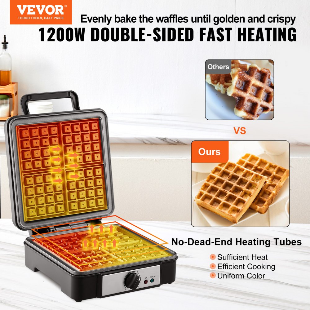 VEVOR Silver Stainless Steel Waffle Maker, 1400W, Removable Drip Tray, Non-Stick, Flippable, Round Shape