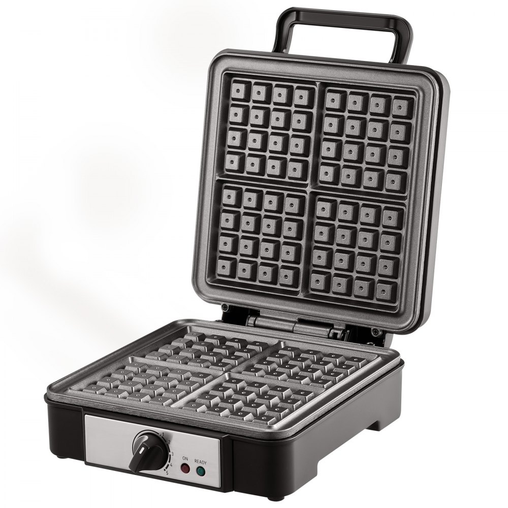 VEVOR Waffle Maker, 4 Slices per Batch, 1200W Square Waffle Iron, Non-Stick Waffle Baker Machine with 122-572℉ / 50-300℃ Temperature Range Teflon-Coated Baking Pans Stainless Steel Body, 120V