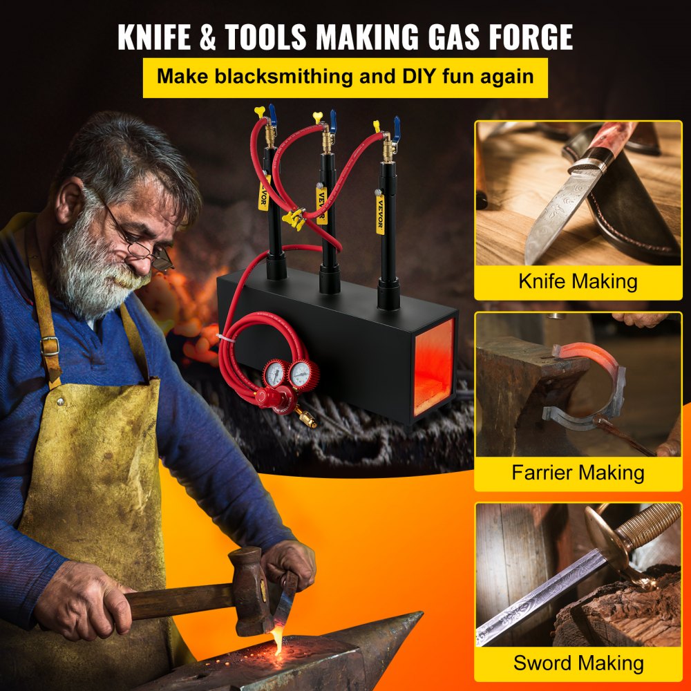 VEVOR Propane Knife Forge, Farrier Furnace with Three Burners, Portable Square Metal Forge with an Open Structure, Large Capacity, for Blacksmithing, Knife Making, Forging Tools and Equipment