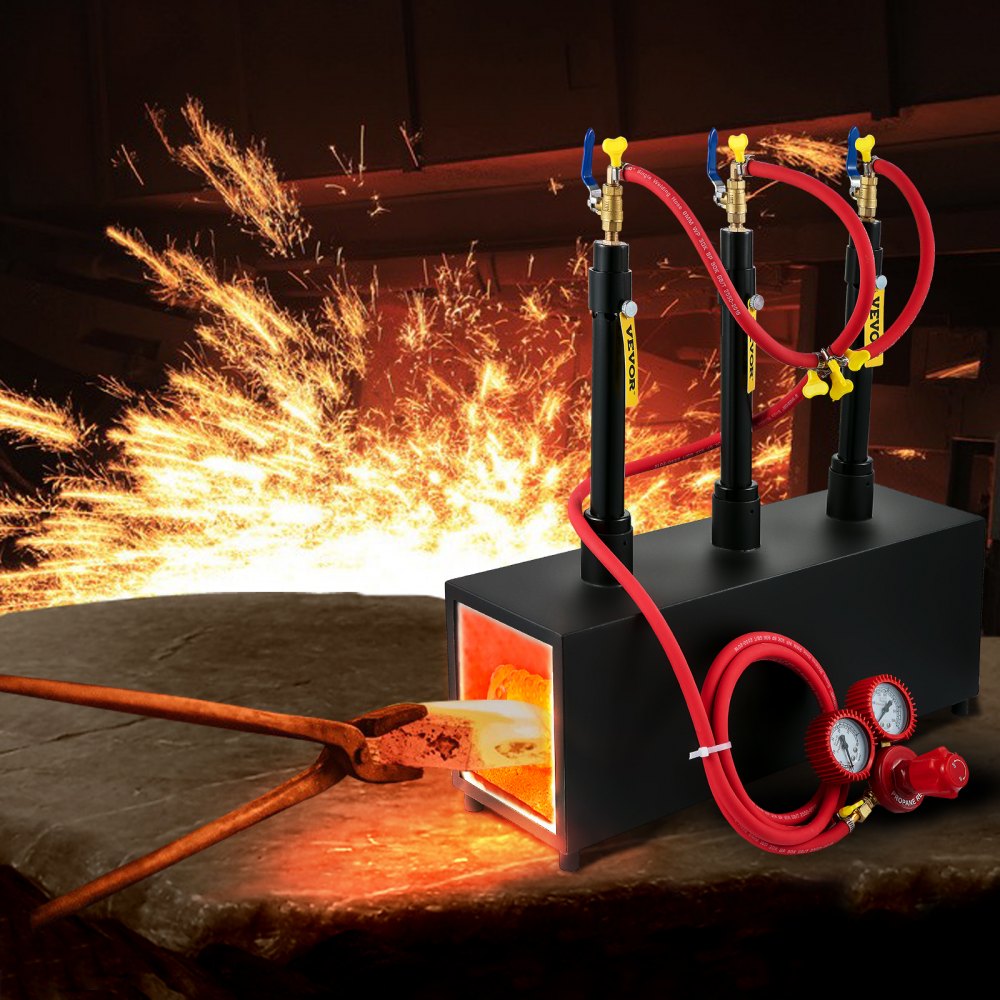 VEVOR Propane Knife Forge, Farrier Furnace with Three Burners, Portable Square Metal Forge with an Open Structure, Large Capacity, for Blacksmithing, Knife Making, Forging Tools and Equipment