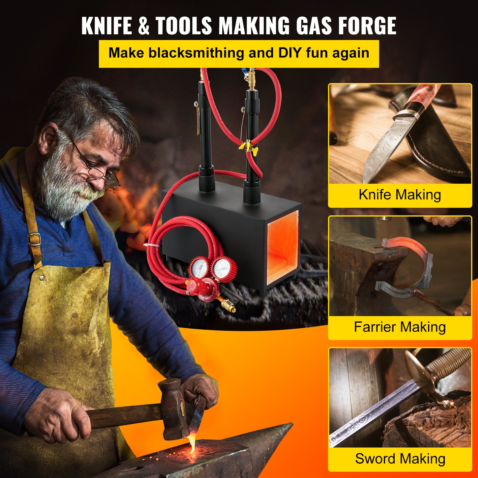 VEVOR Propane Knife Forge, Farrier Furnace with Dual Burners, Portable Square Metal Forge with an Open Structure, Large Capacity, for Blacksmithing, Knife Making, Forging Tools and Equipment