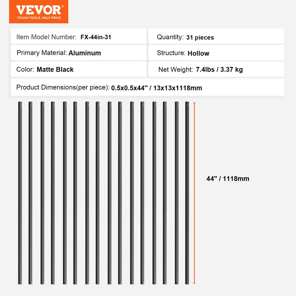 VEVOR metal balusters, fx-44in-31, 31 matte black hollow aluminum balusters, 44 inches, 7.4lbs.