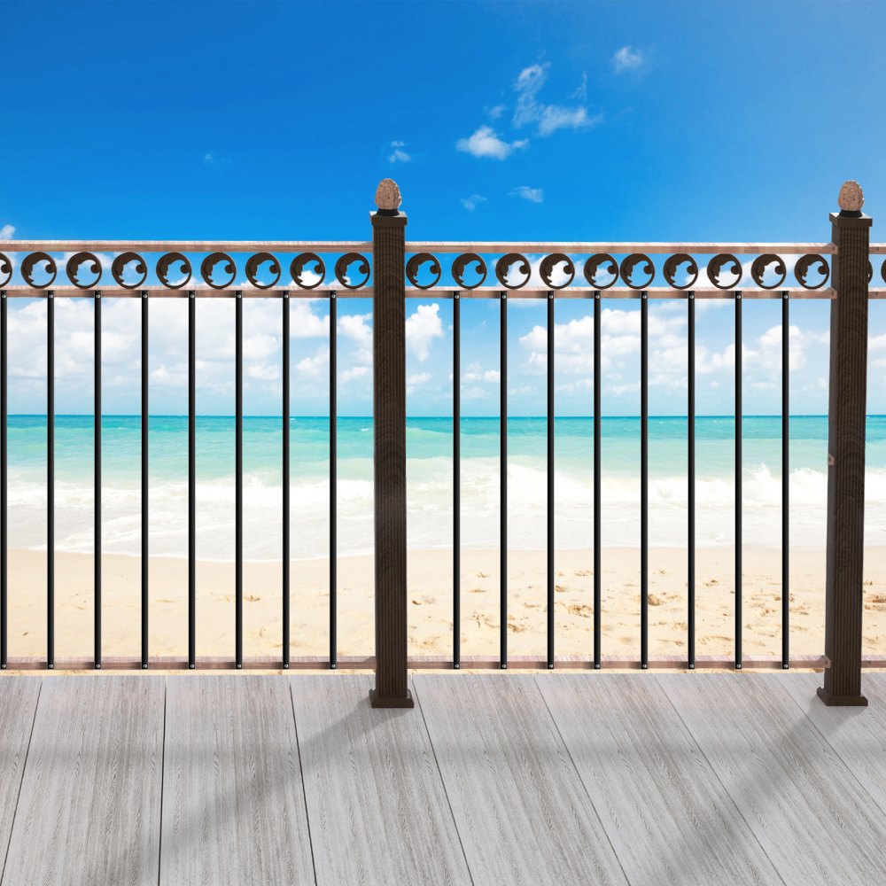 VEVOR metal balusters on a wooden deck overlooking a sandy beach and turquoise ocean under a blue sky.