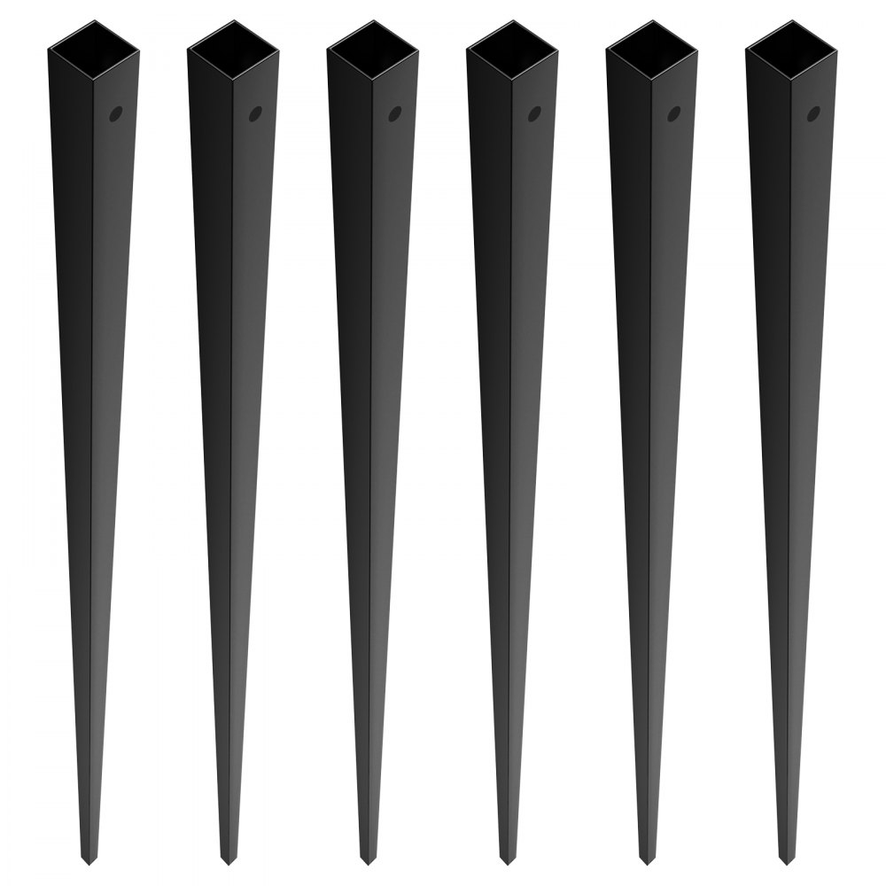 black VEVOR metal balusters with a square design and pre-drilled holes in a vertical alignment.