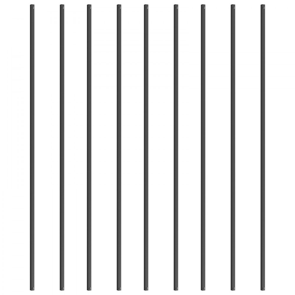 VEVOR metal balusters in black, arranged vertically in a neat row, ideal for railings and staircases.