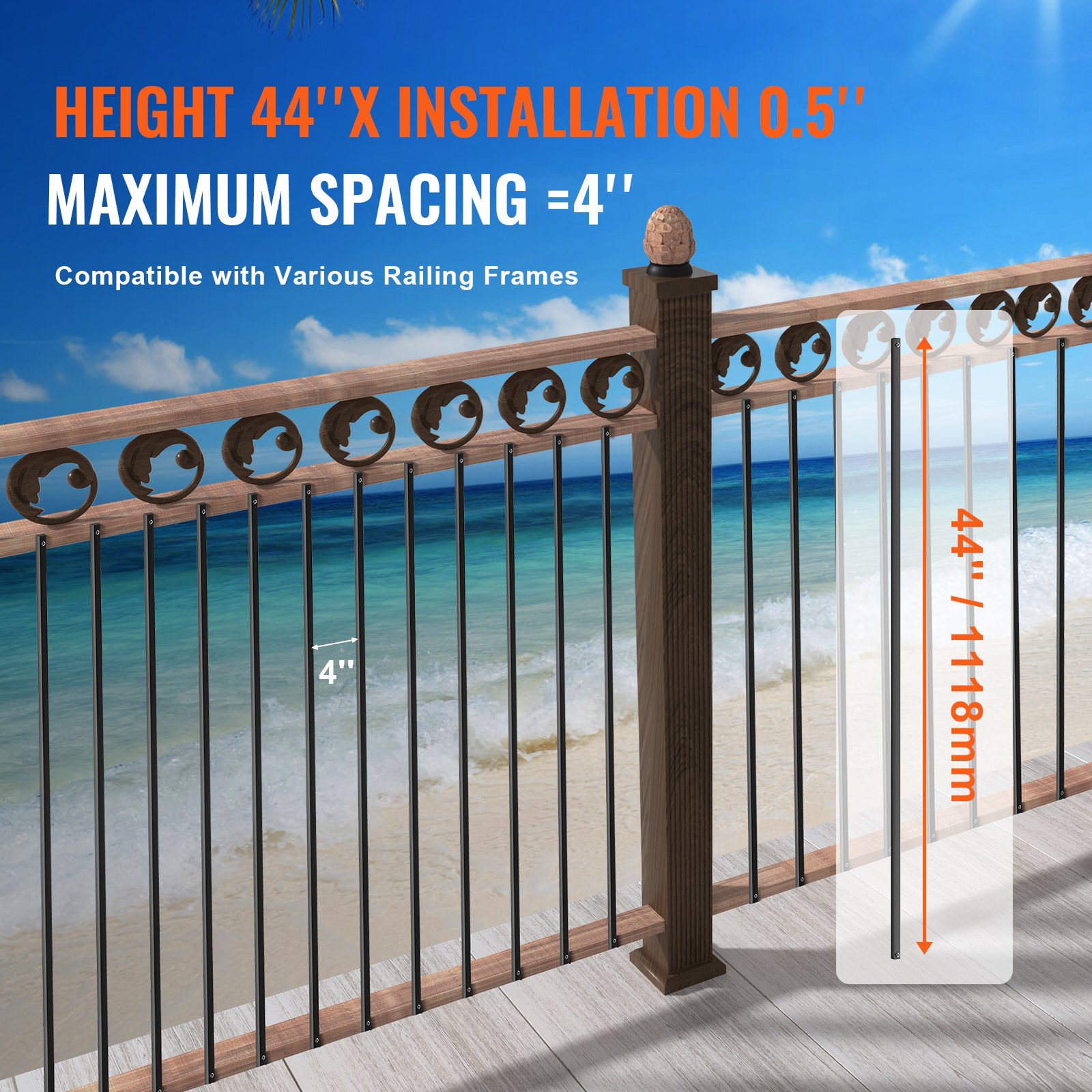 VEVOR metal balusters for railings, 44&quot; height, 0.5&quot; installation, and 4&quot; spacing, beach background.