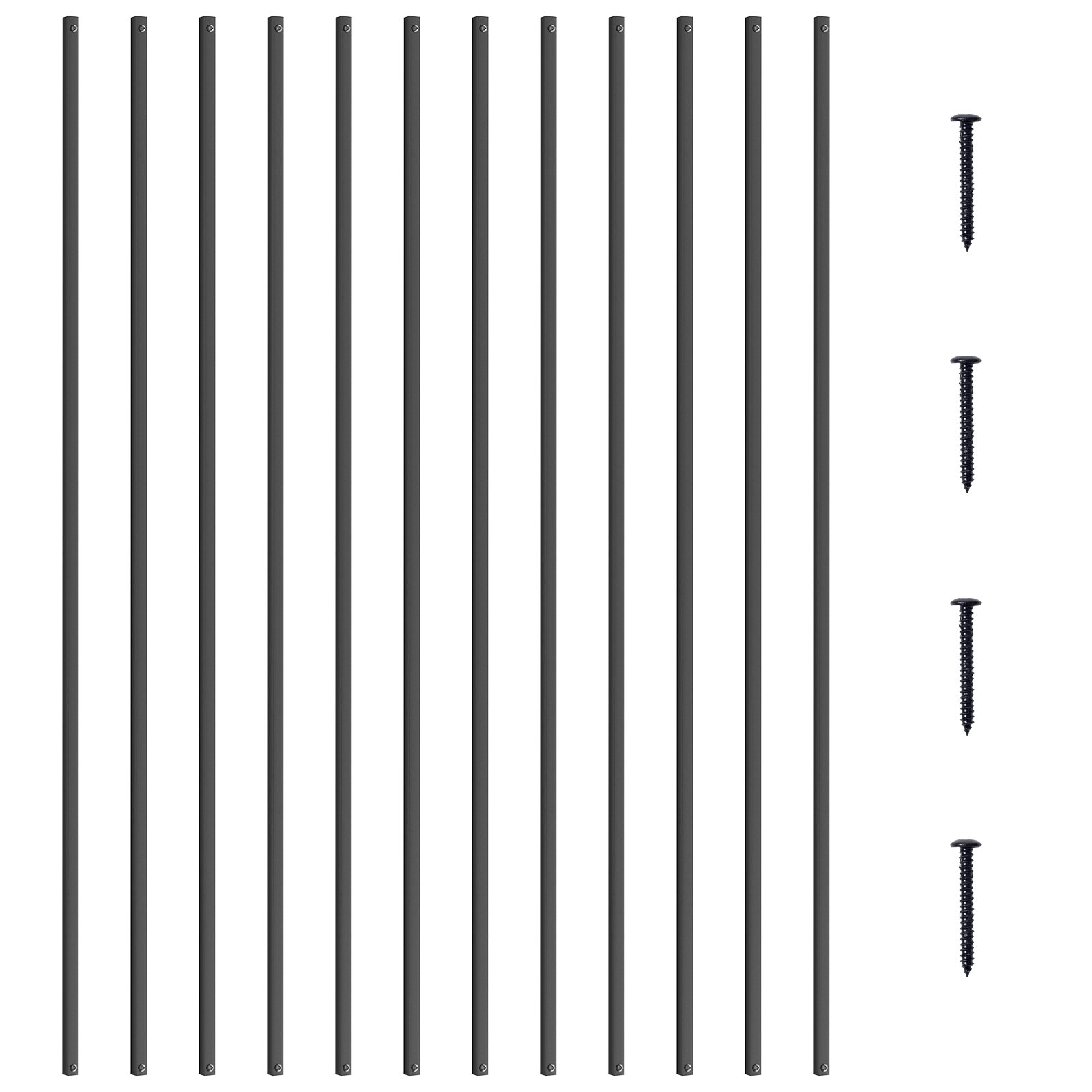 VEVOR metal balusters and screws for railing installation, shown vertically aligned on a white background.