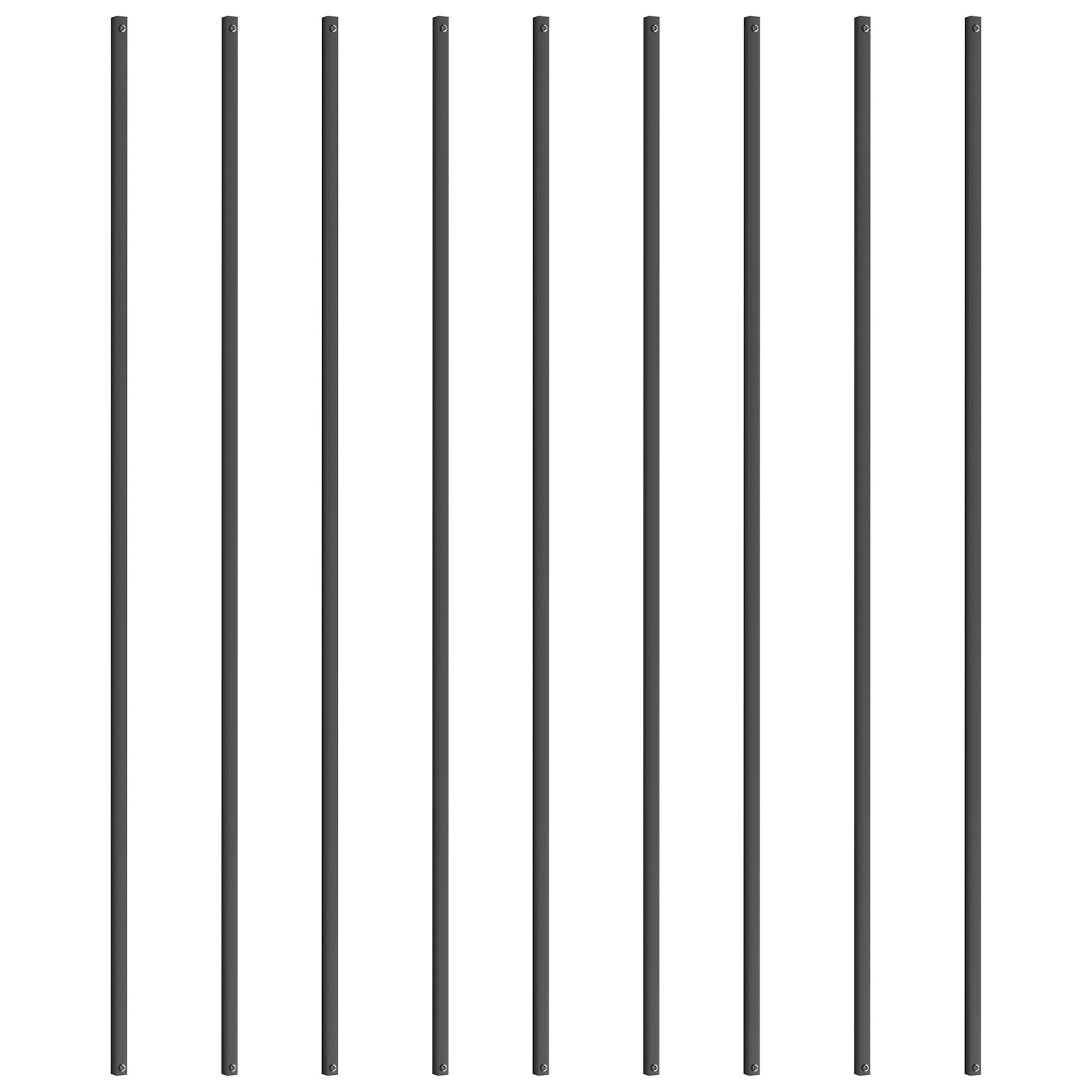 VEVOR metal balusters in black, arranged vertically in a neat row, ideal for railings and staircases.