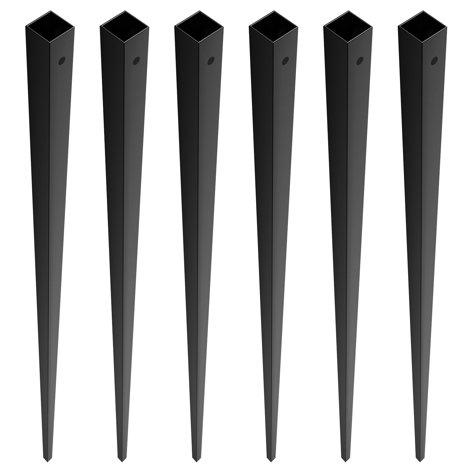 black VEVOR metal balusters, six pieces, square top design, aligned vertically.