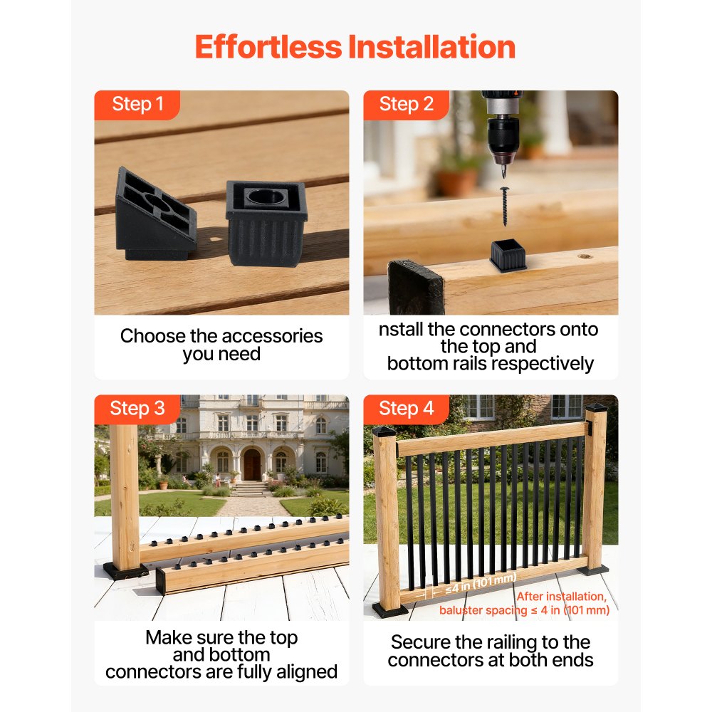 VEVOR 125 Pack Deck Balusters, 1.9 cm Square x 66.1 cm Long Aluminum Railing Spindles, Hollow Metal Decking Stair Balusters with Connectors, Screws, for Deck, Porch & Staircase Railing Fence, Black