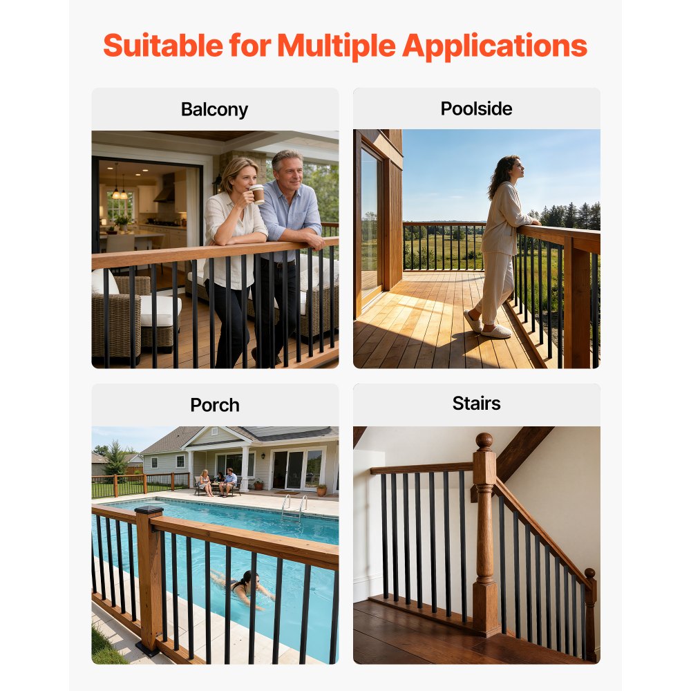 VEVOR 125 Pack Deck Balusters, 1.9 cm Square x 66.1 cm Long Aluminum Railing Spindles, Hollow Metal Decking Stair Balusters with Connectors, Screws, for Deck, Porch & Staircase Railing Fence, Black