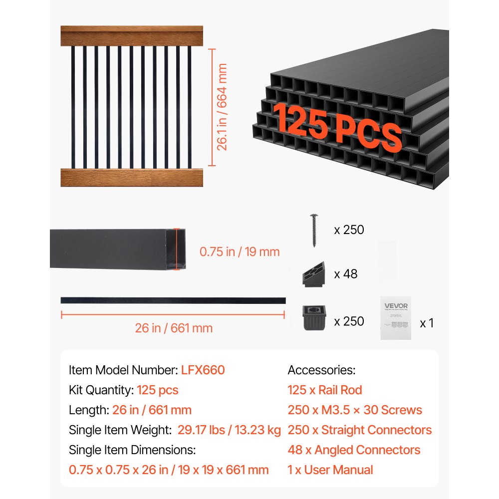 VEVOR 125 Pack Deck Balusters, 1.9 cm Square x 66.1 cm Long Aluminum Railing Spindles, Hollow Metal Decking Stair Balusters with Connectors, Screws, for Deck, Porch & Staircase Railing Fence, Black