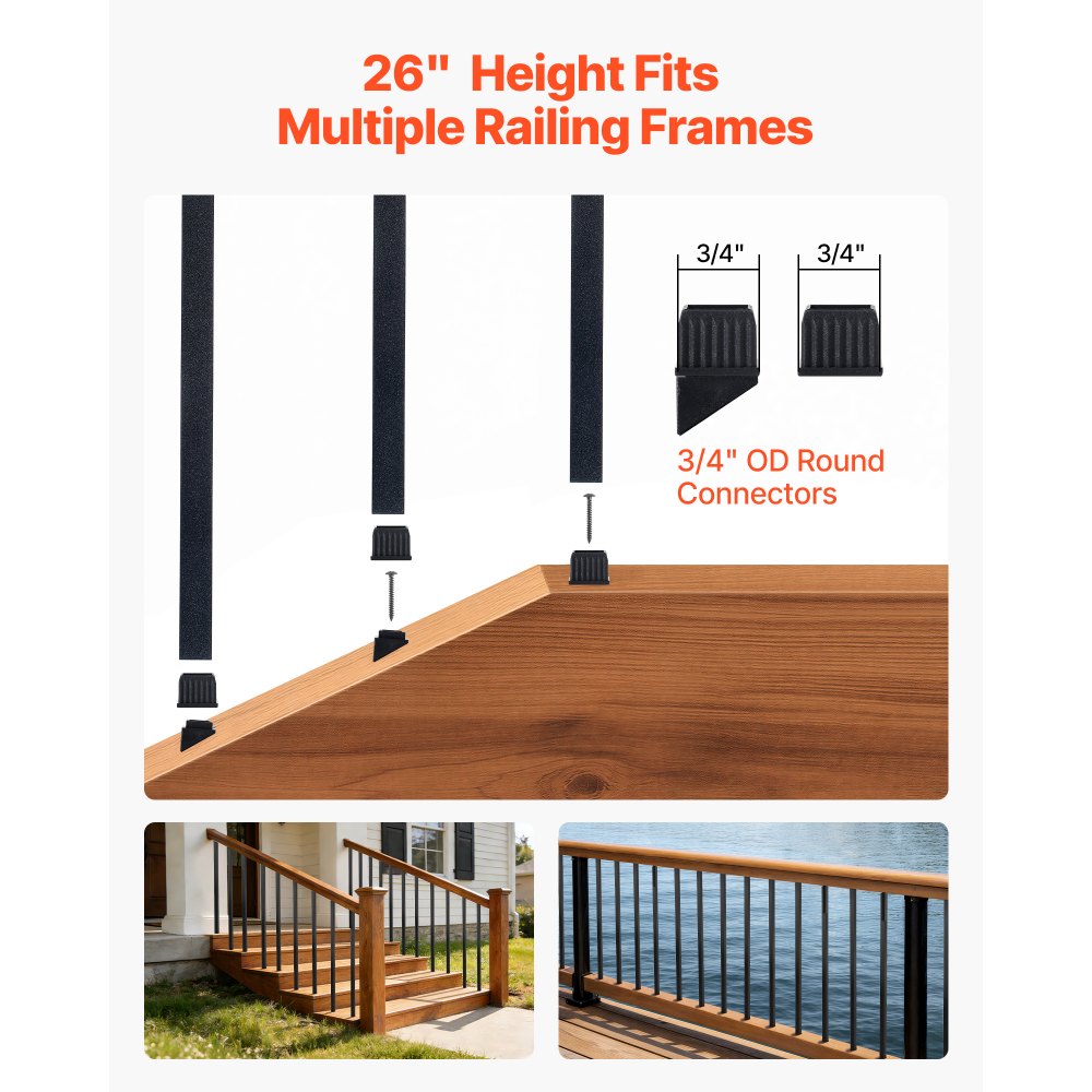 VEVOR 125 Pack Deck Balusters, 1.9 cm Square x 66.1 cm Long Aluminum Railing Spindles, Hollow Metal Decking Stair Balusters with Connectors, Screws, for Deck, Porch & Staircase Railing Fence, Black