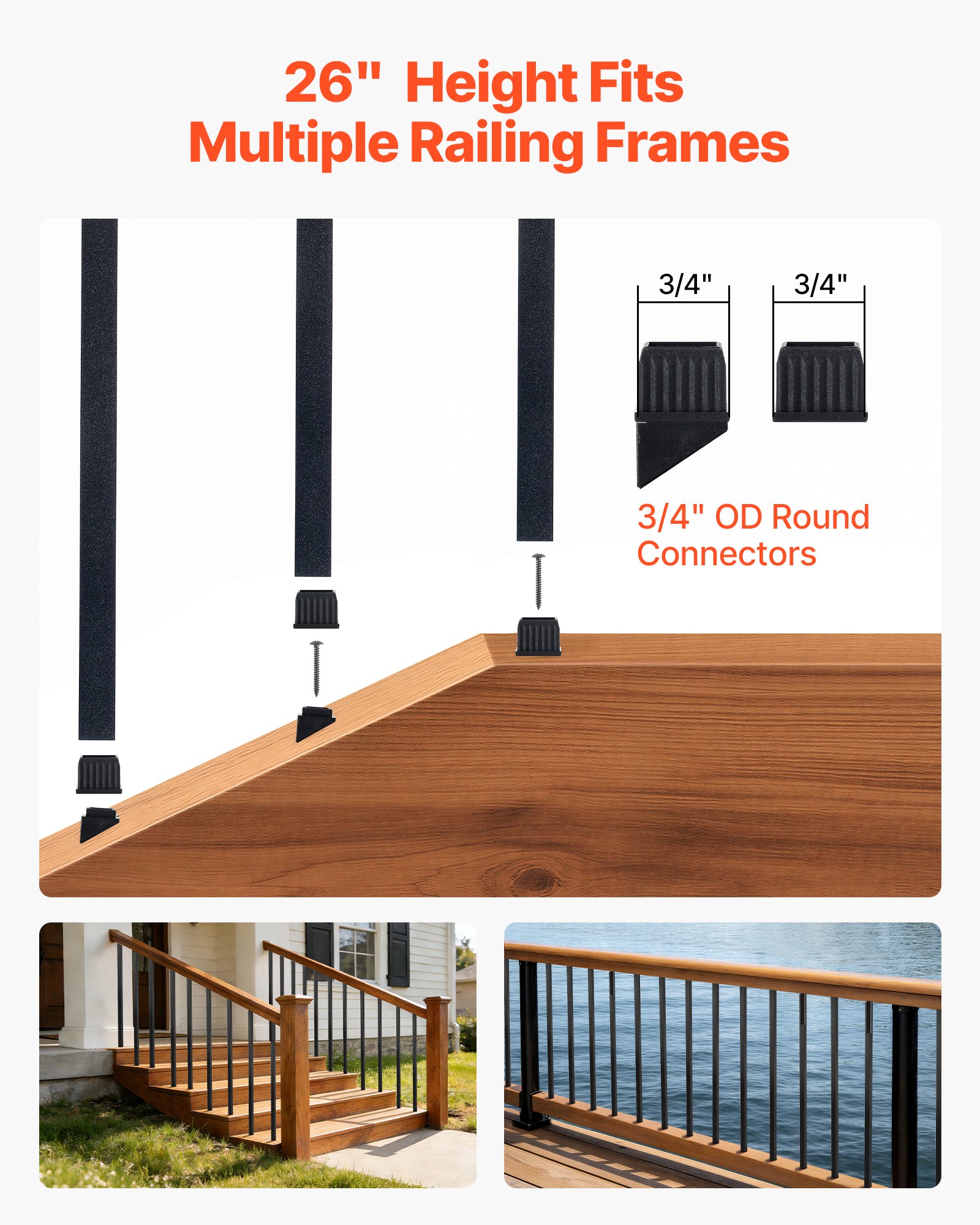 VEVOR 125 Pack Deck Balusters, 1.9 cm Square x 66.1 cm Long Aluminum Railing Spindles, Hollow Metal Decking Stair Balusters with Connectors, Screws, for Deck, Porch & Staircase Railing Fence, Black