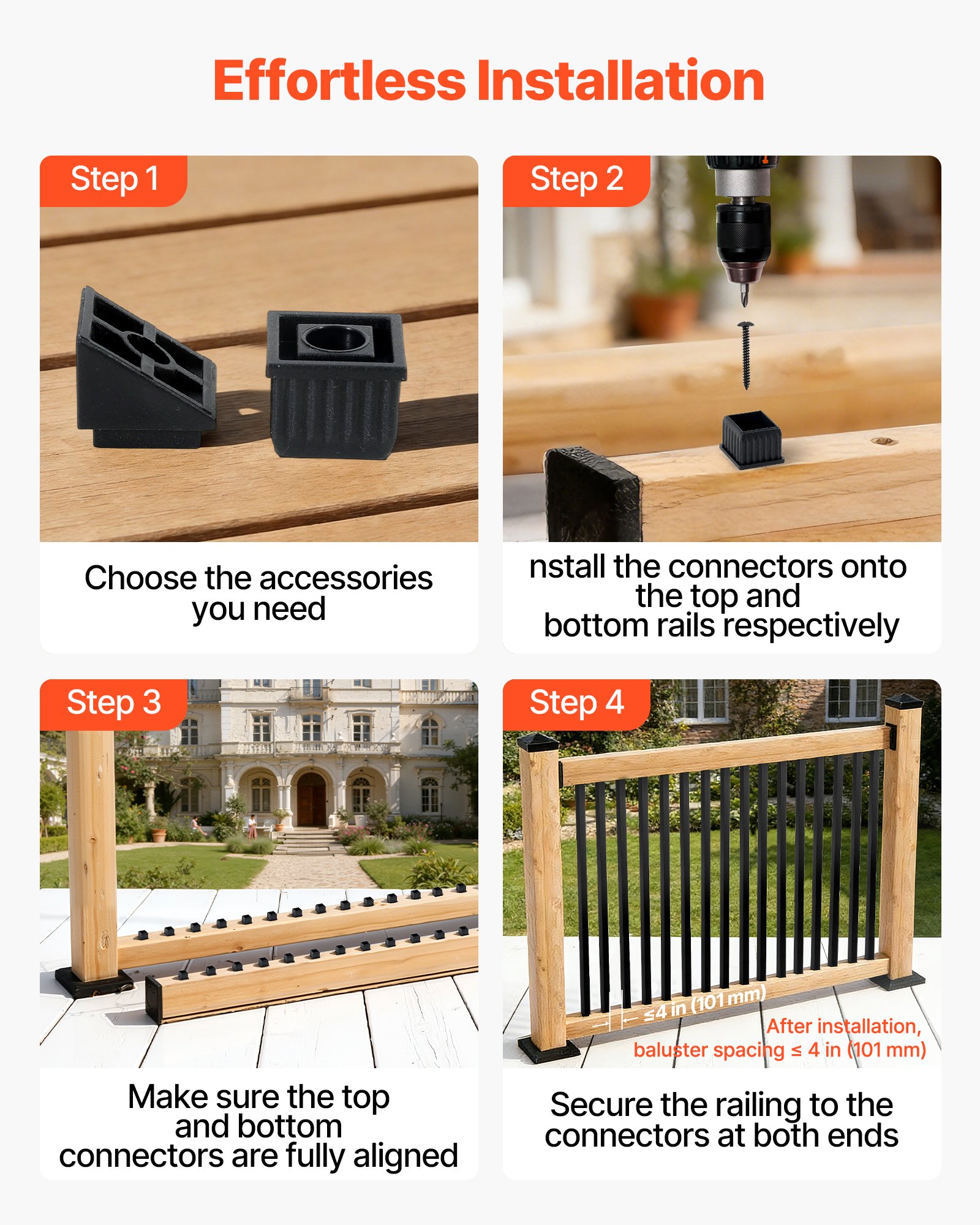 VEVOR 125 Pack Deck Balusters, 1.9 cm Square x 66.1 cm Long Aluminum Railing Spindles, Hollow Metal Decking Stair Balusters with Connectors, Screws, for Deck, Porch & Staircase Railing Fence, Black