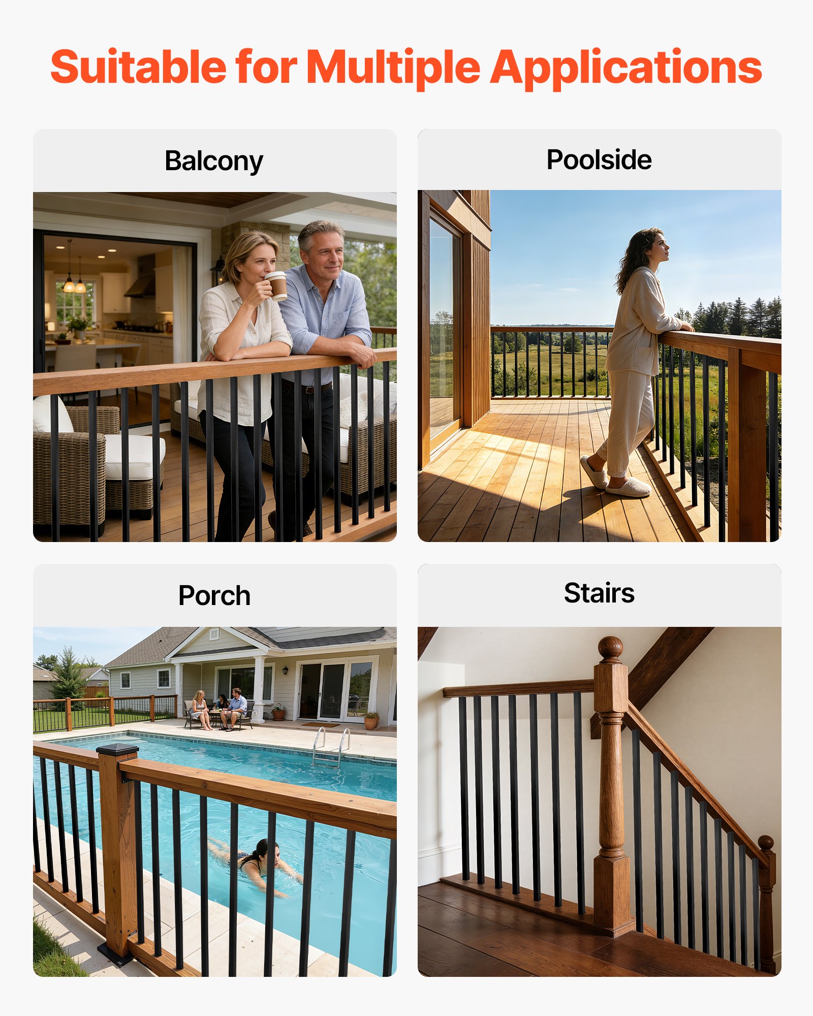 VEVOR 125 Pack Deck Balusters, 1.9 cm Square x 66.1 cm Long Aluminum Railing Spindles, Hollow Metal Decking Stair Balusters with Connectors, Screws, for Deck, Porch & Staircase Railing Fence, Black