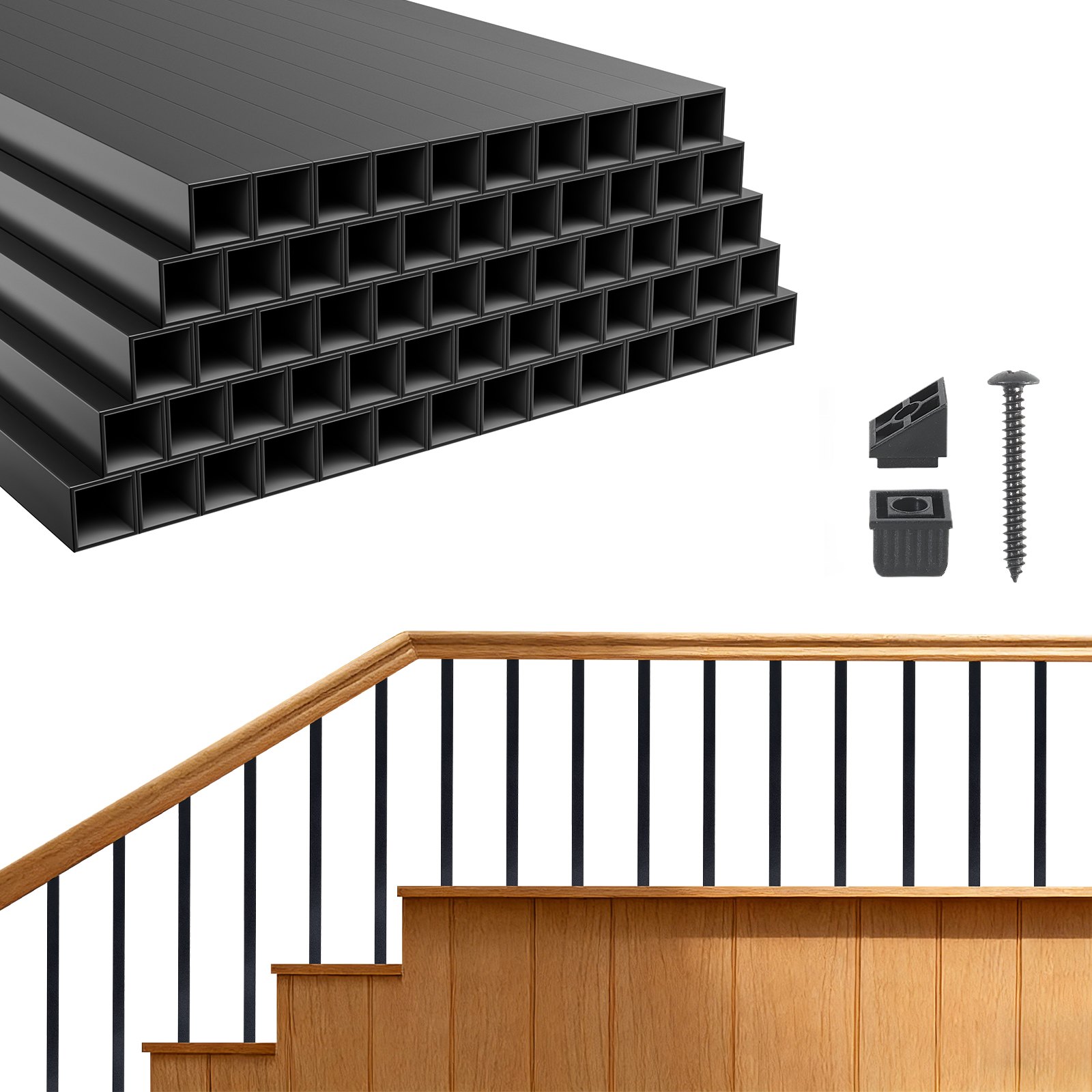 VEVOR 125 Pack Deck Balusters, 1.9 cm Square x 66.1 cm Long Aluminum Railing Spindles, Hollow Metal Decking Stair Balusters with Connectors, Screws, for Deck, Porch & Staircase Railing Fence, Black